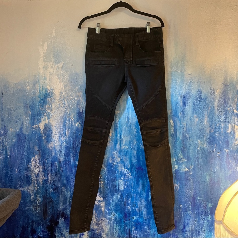 Men's Super Slim Fit Black Wax Coated Seaming Bikers Skinny Jeans NWOT